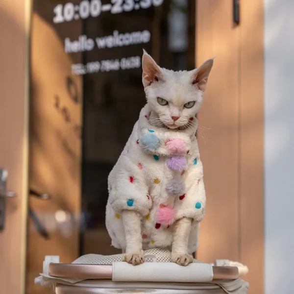 Yeswarmg Adorable Thick & Warm Cat Coat with Fluffy Pom-Poms and Colorful Polka Dots, Perfect for Devon Rex and Hairless Breeds